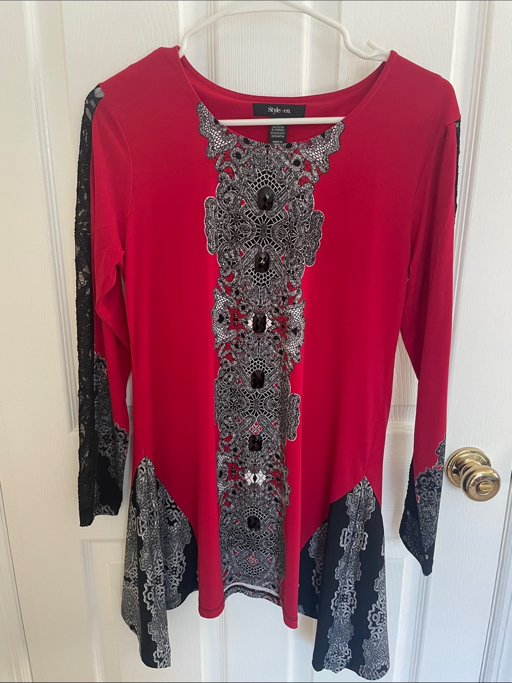 Style & Co. Red Tunic with Black & Silver Lace Panels